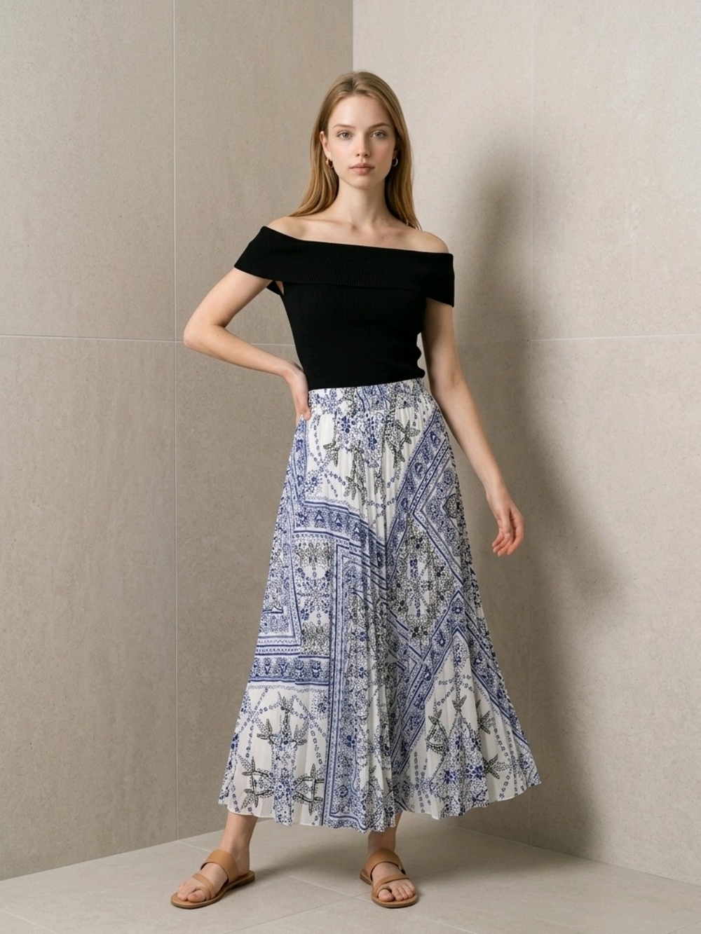 Blue & White Printed Maxi Skirt with Flowing Silhouette